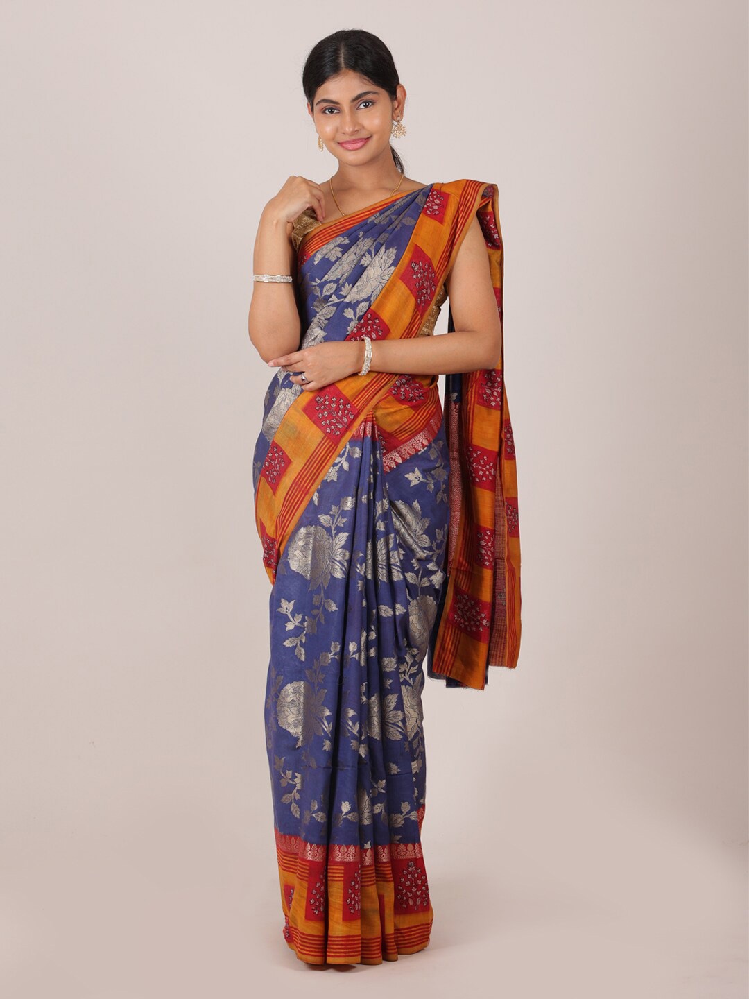 

Pothys Blue & Coral Woven Design Zari Pure Silk Saree