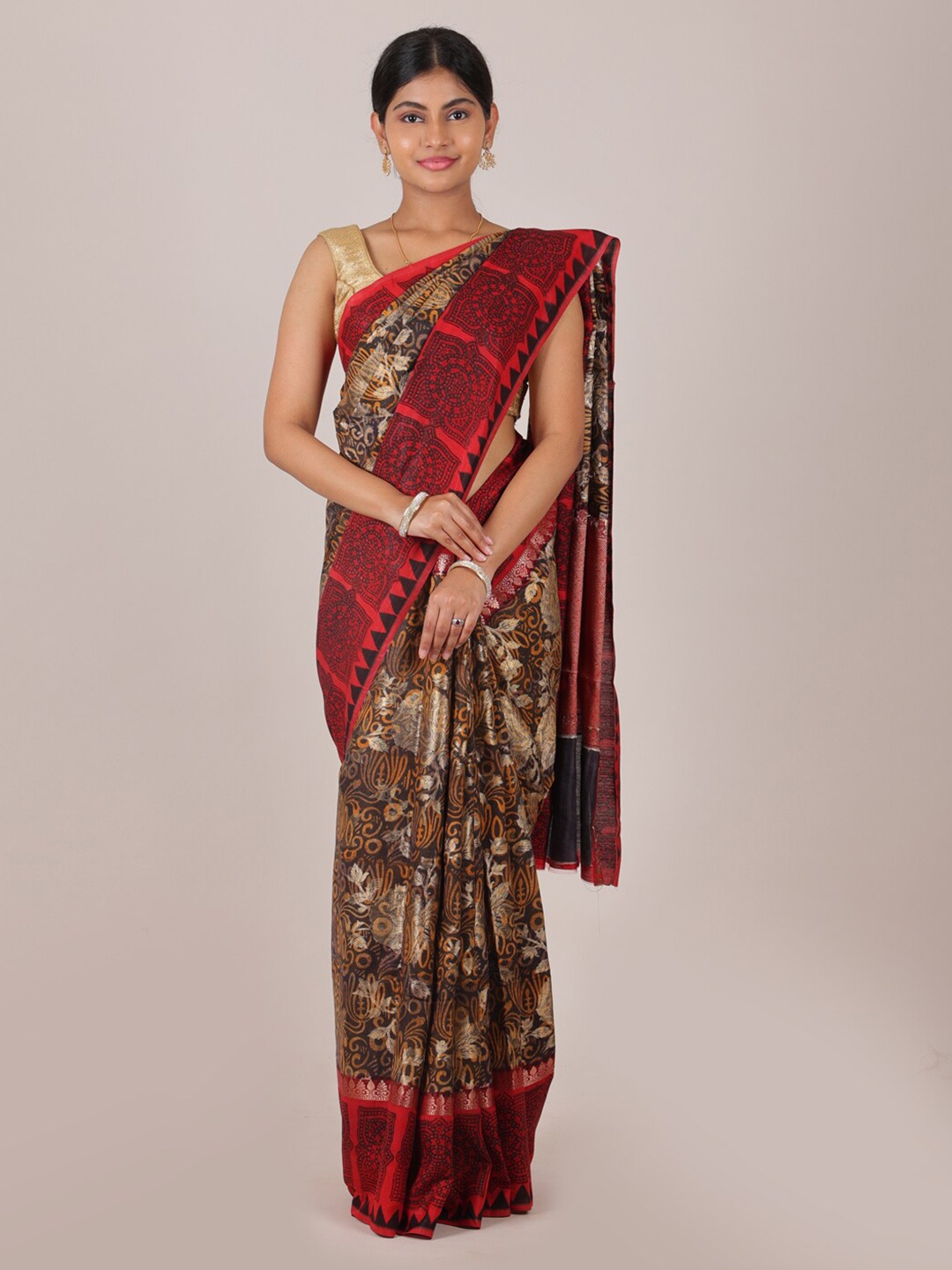 

Pothys Black & Red Ethnic Motifs Zari Pure Silk Saree
