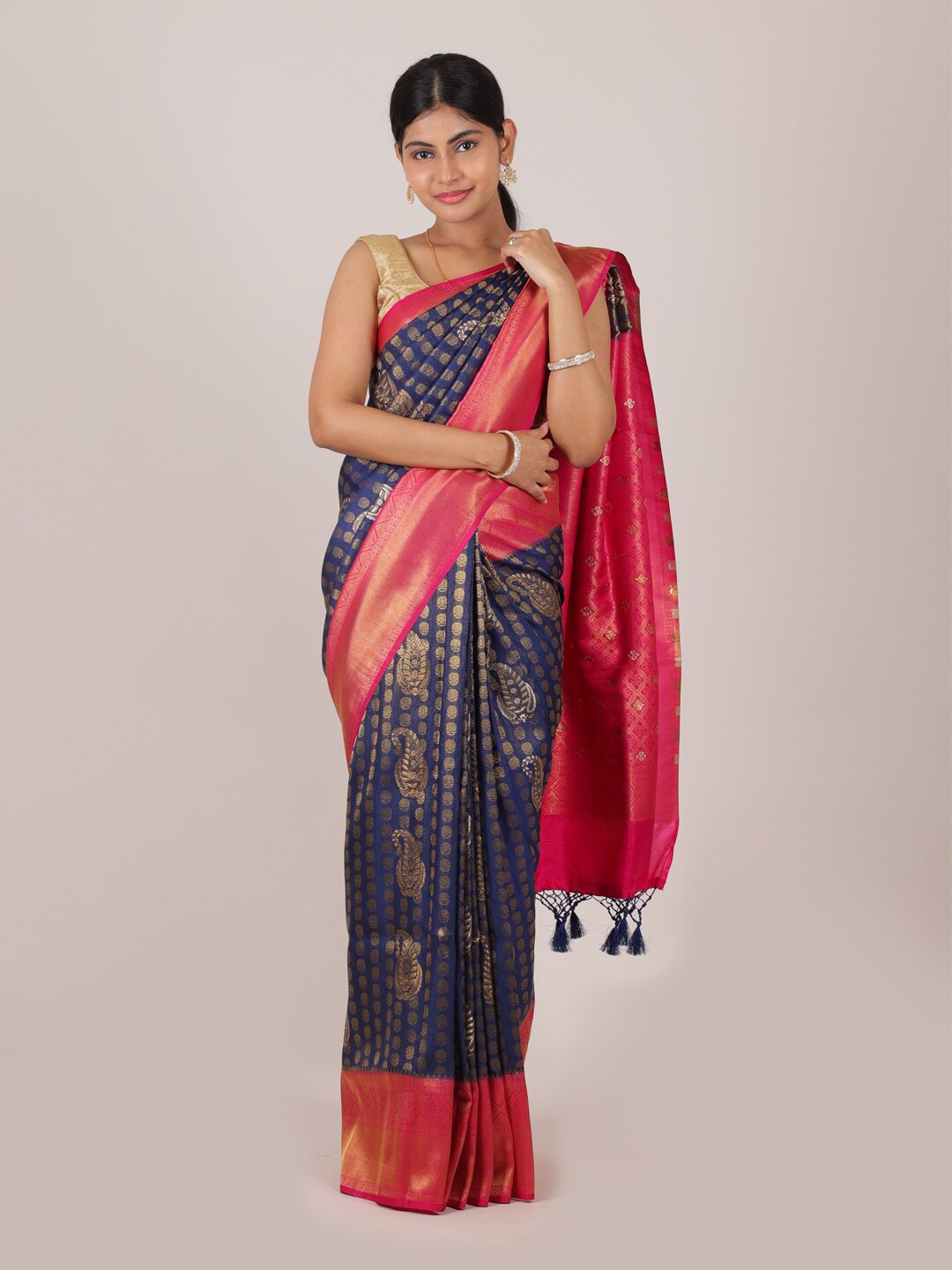 

Pothys Blue & Pink Ethnic Motifs Woven Design Saree