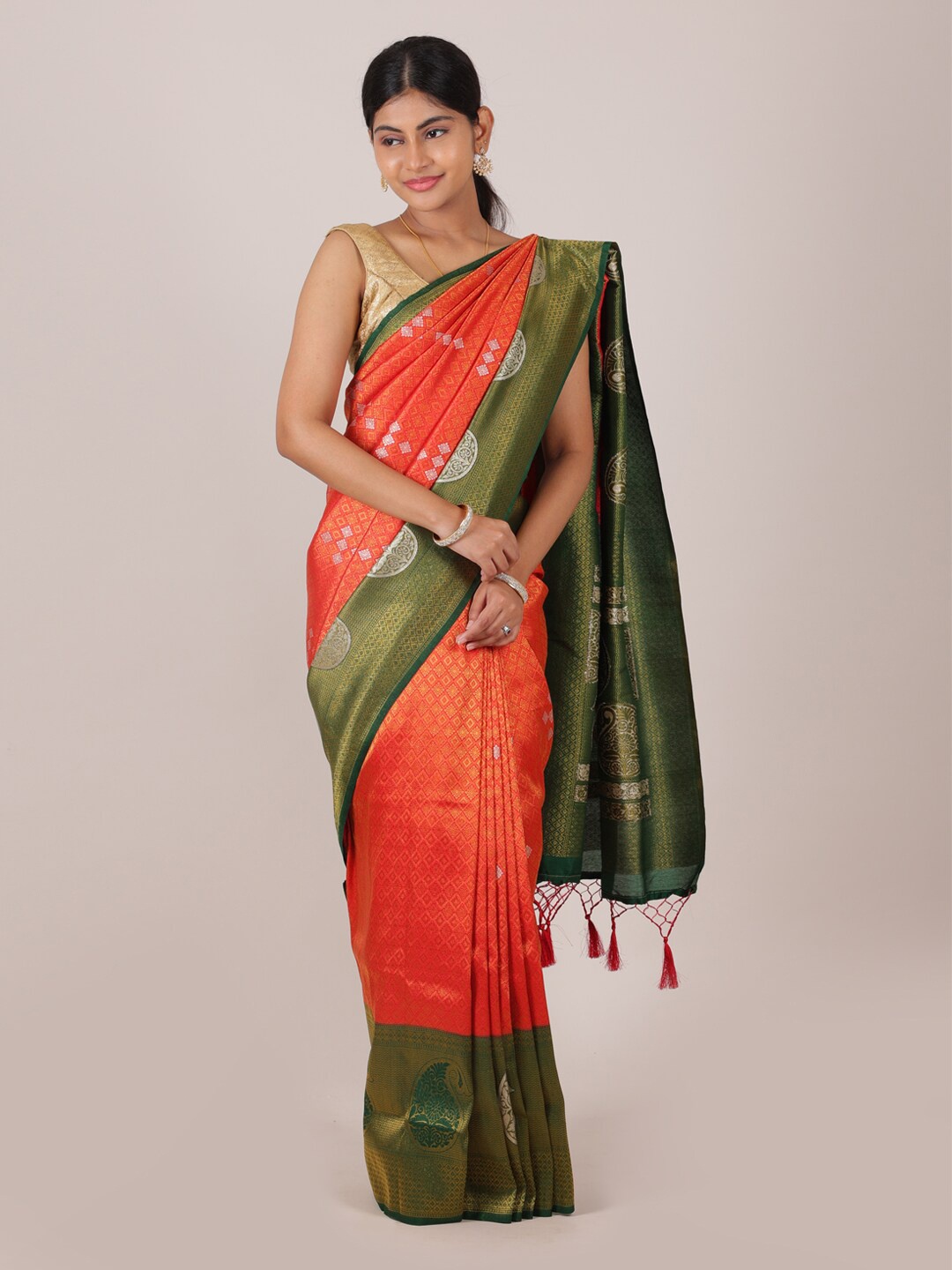 

Pothys Red & Green Ethnic Motifs Art Silk Banarasi Saree