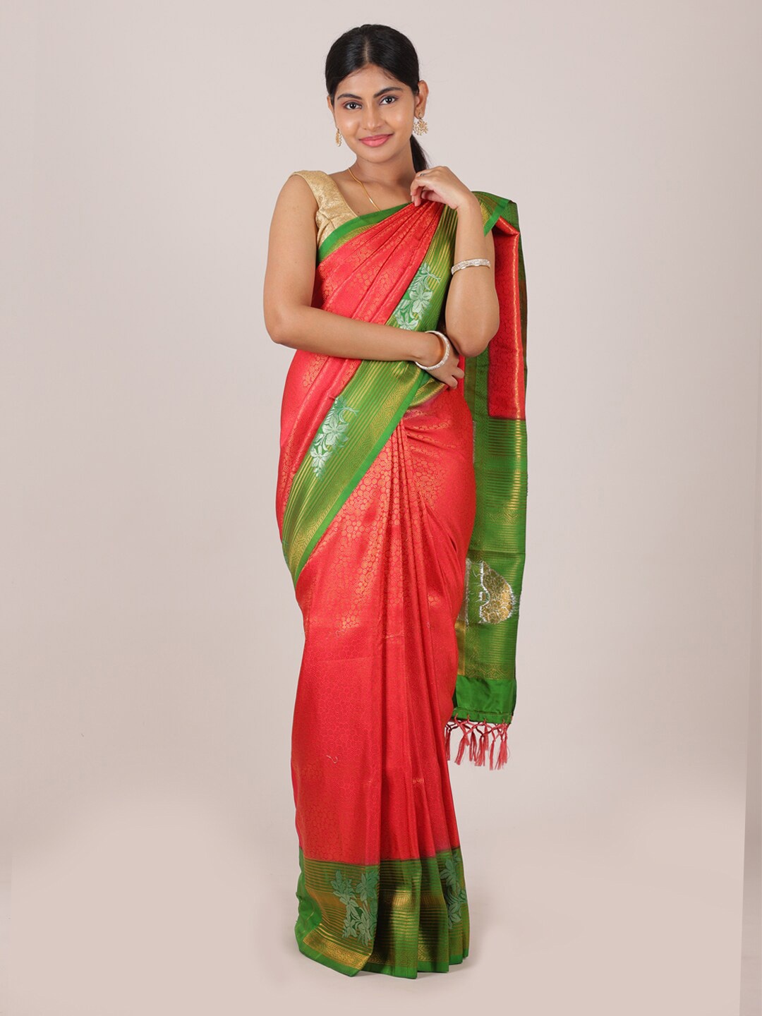 

Pothys Pink & Green Woven Design Art Silk Banarasi Saree