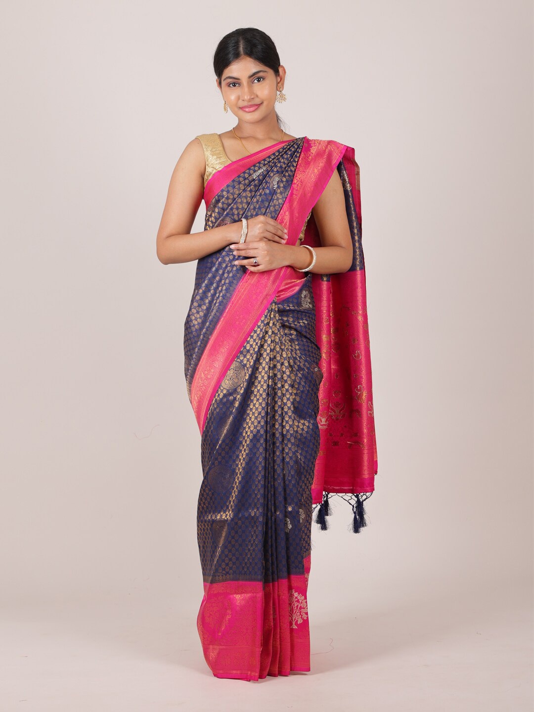 

Pothys Navy Blue & Pink Woven Design Zari Art Banaras Silk Saree
