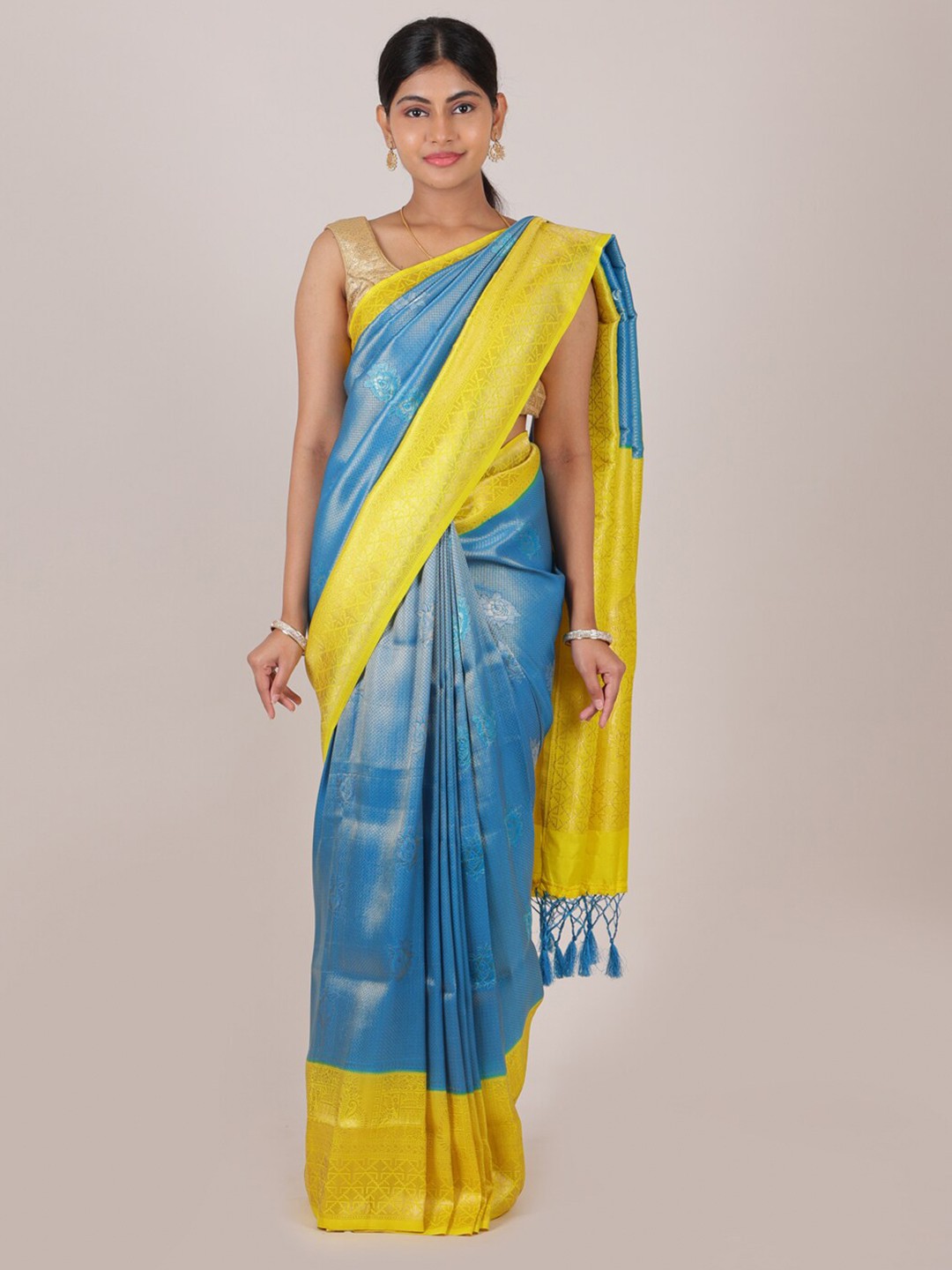 

Pothys Blue & Yellow Floral Zari Art Silk Saree