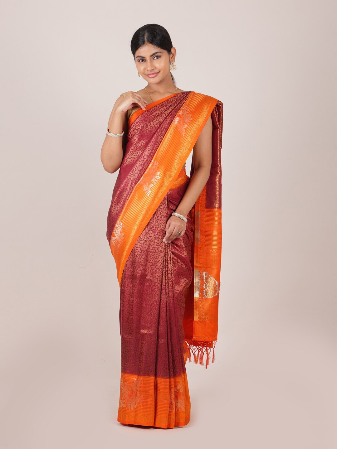 

Pothys Maroon & Orange Woven Design Zari Art Silk Banarasi Saree
