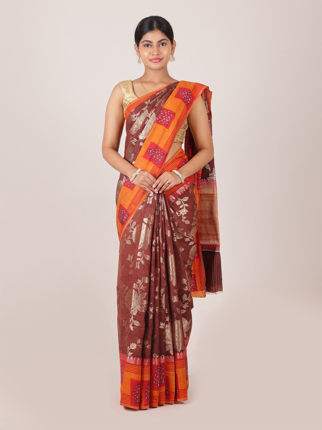 

Pothys Maroon & Orange Woven Design Zari Pure Silk Saree