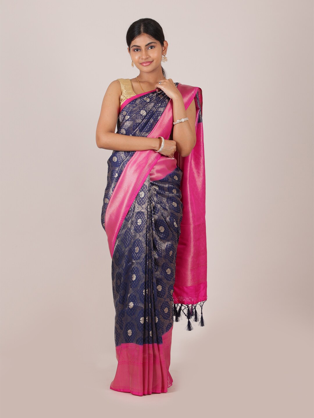 

Pothys Blue & Magenta Floral Art Silk Banarasi Saree