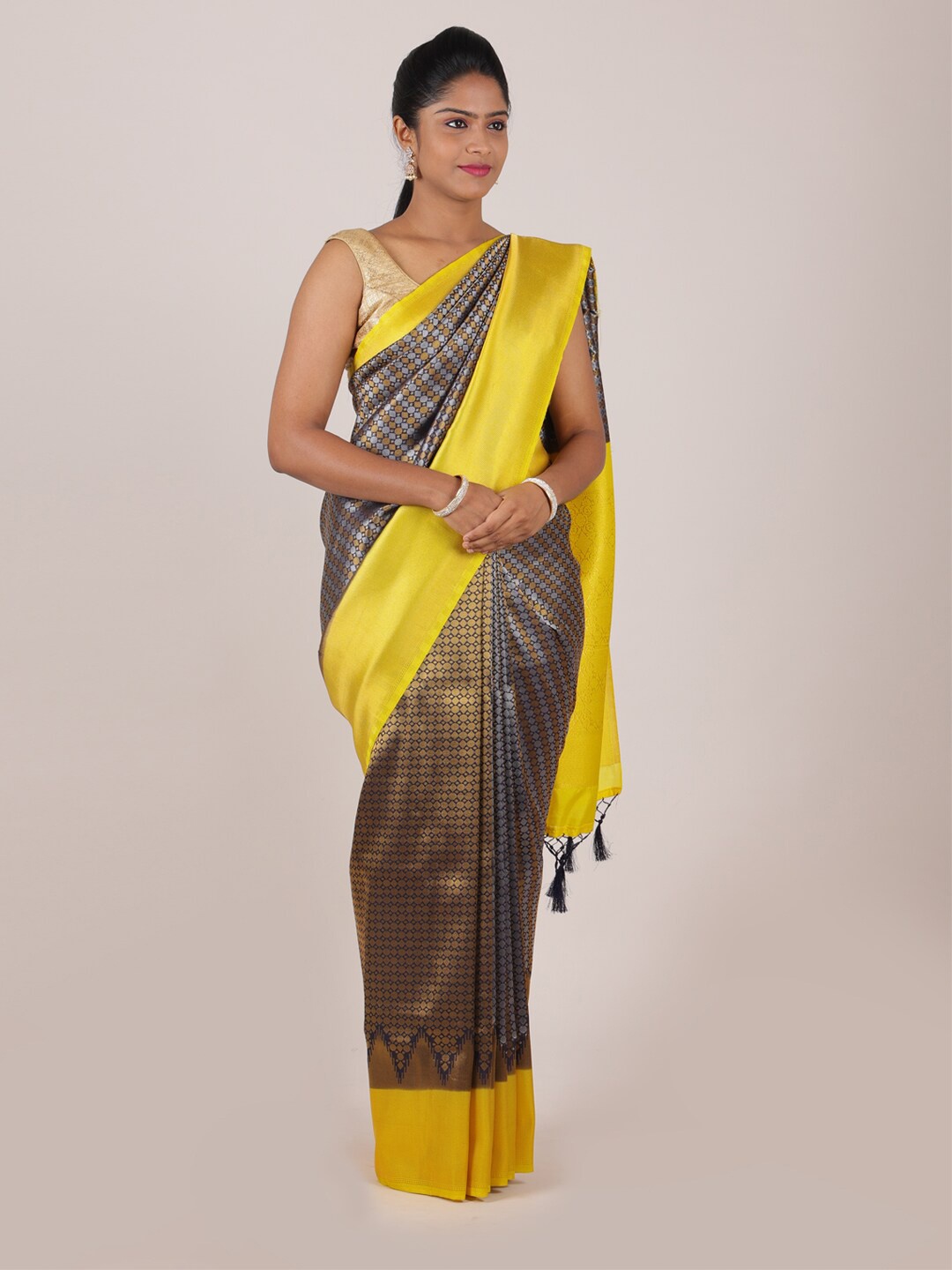 

Pothys Navy Blue & Yellow Woven Design Zari Art Banaras Silk Saree