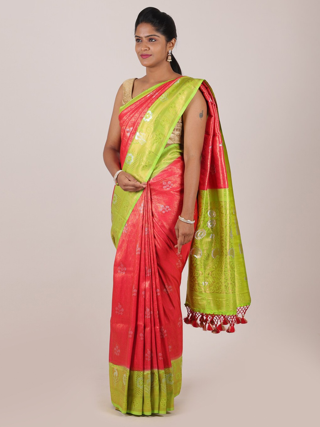 

Pothys Red & Green Floral Art Silk Banarasi Saree