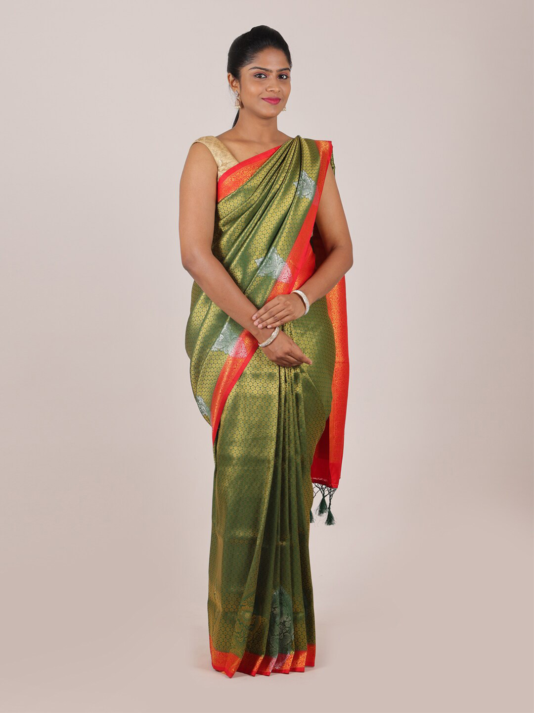 

Pothys Green & Red Ethnic Motifs Zari Art Silk Saree