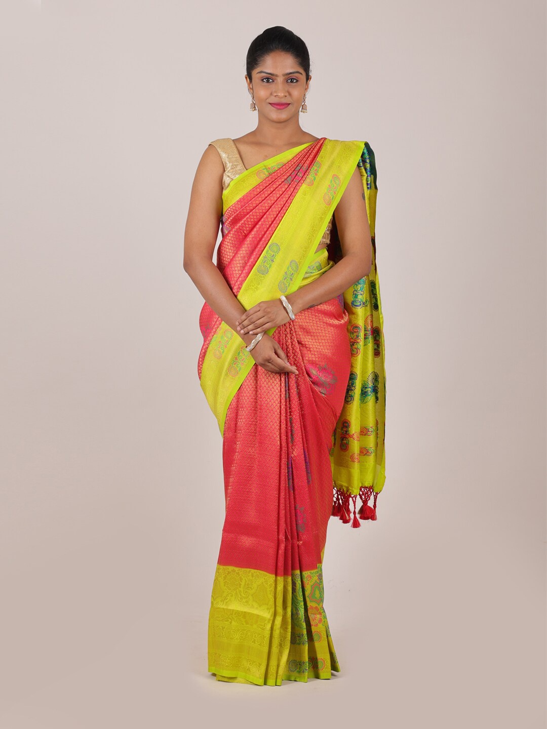 

Pothys Red & Lime Green Woven Design Zari Art Silk Saree