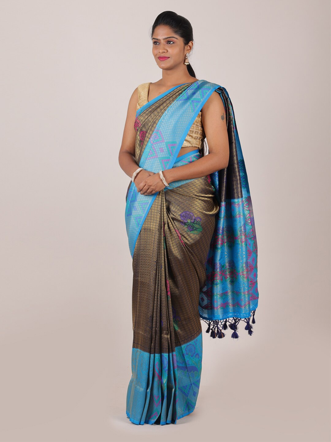 

Pothys Navy Blue & Brown Woven Design Zari Art Silk Saree