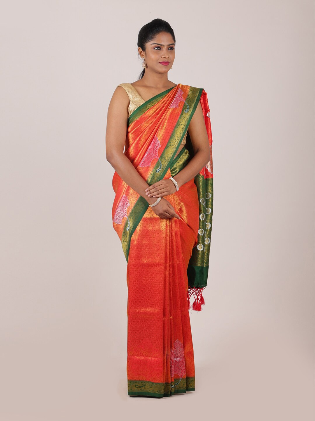

Pothys Orange & Green Floral Zari Art Silk Saree