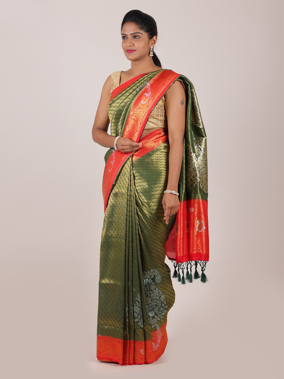 

Pothys Green & Red Floral Zari Art Silk Saree