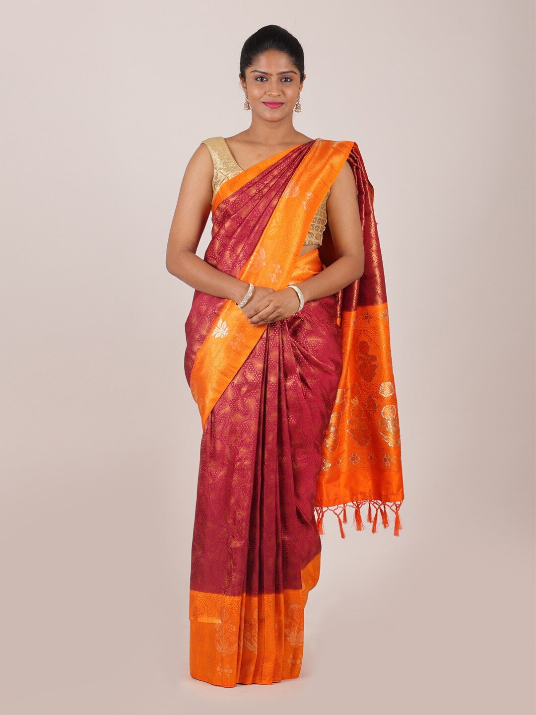 

Pothys Maroon & Silver-Toned Woven Design Zari Art Silk Saree