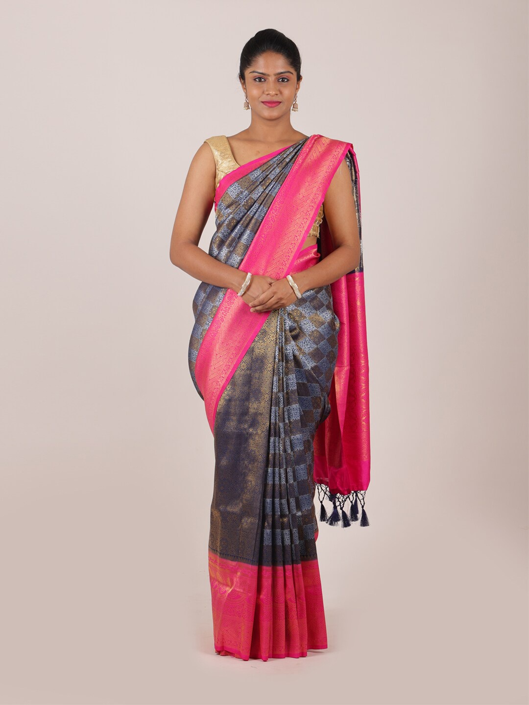 

Pothys Navy Blue & Pink Woven Design Saree