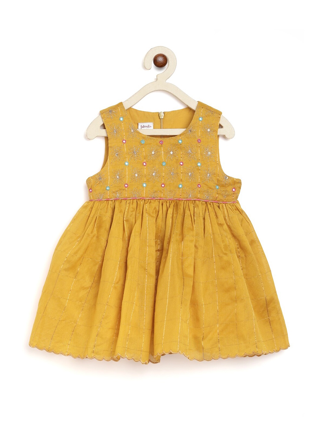 

Fabindia Girls Mustard Yellow Embellished Cotton Dress