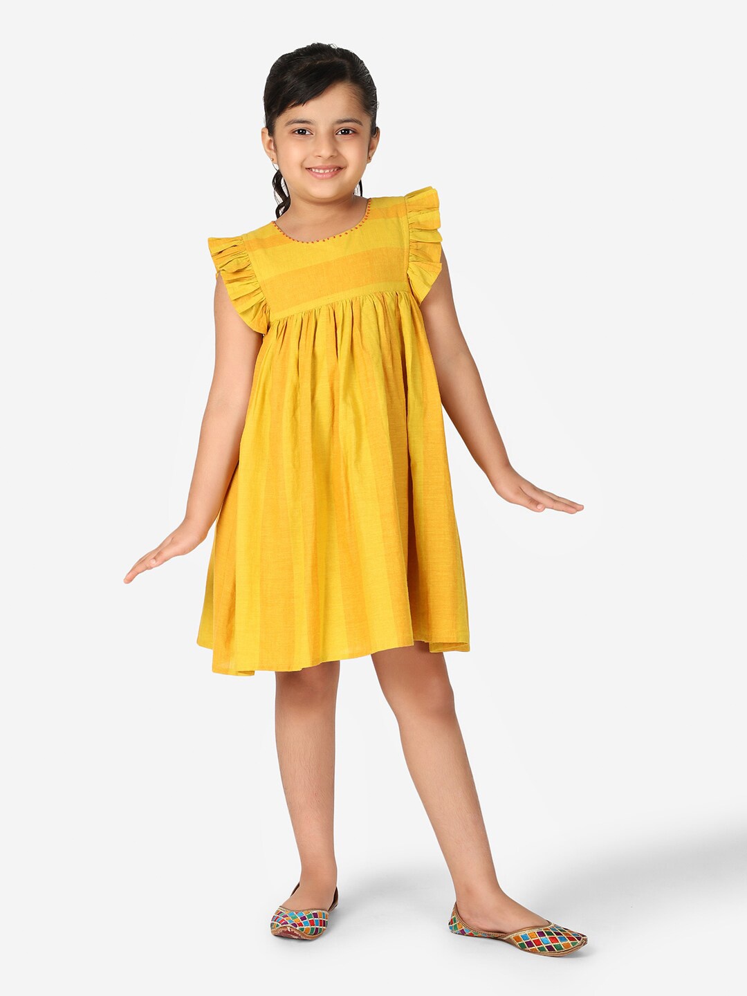 

Fabindia Girls Yellow Block Striped Flutter Sleeves Cotton Empire Dress