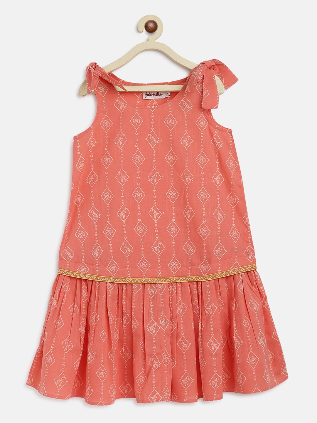 

Fabindia Girls Peach-Coloured Printed Drop-Waist Cotton Dress