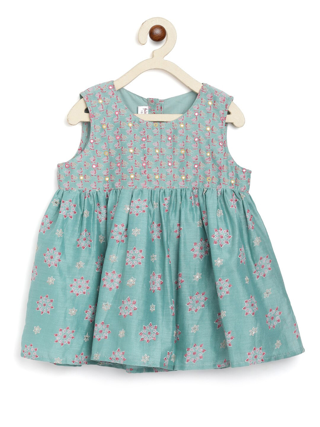 

Fabindia Girls Turquoise Blue & Pink Ethnic Motifs Printed Cotton Silk Fit & Flare Dress
