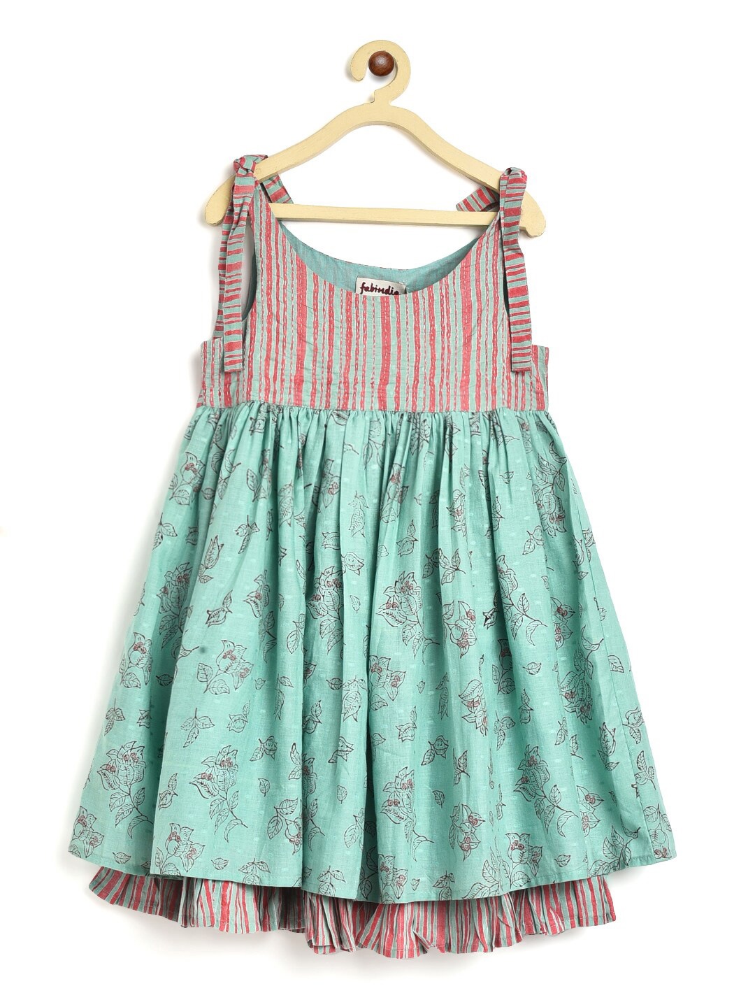 

Fabindia Girls Turquoise Blue & Peach Floral Block Printed Cotton Dress