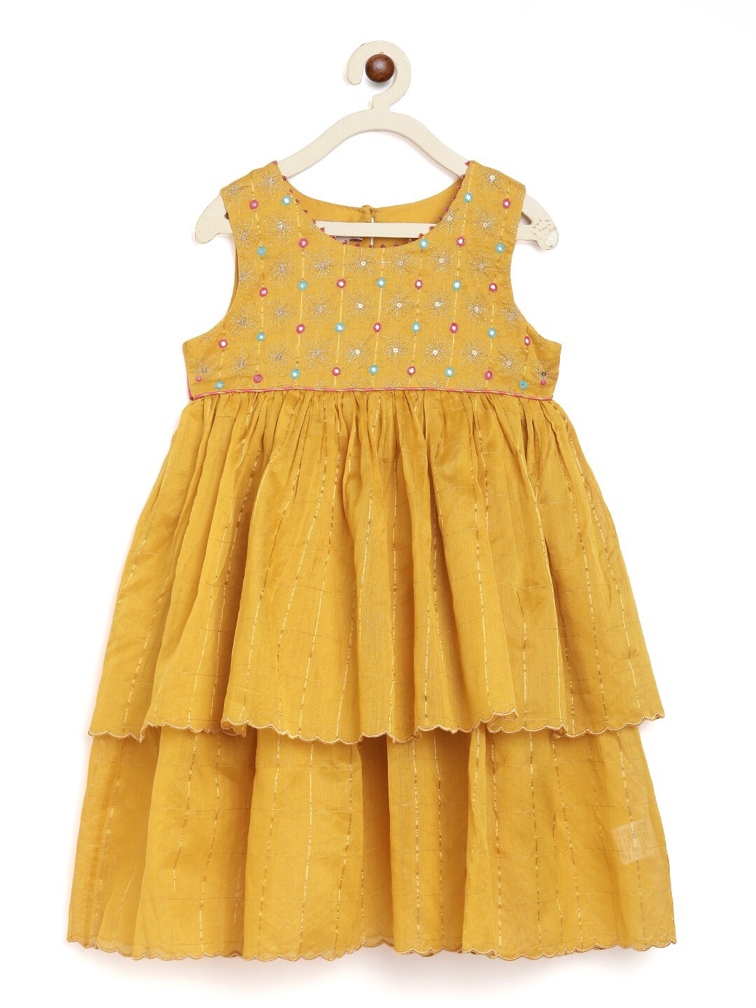 

Fabindia Girls Lime Green Mirror Embroidered Cotton Silk Layered Fit & Flare Dress