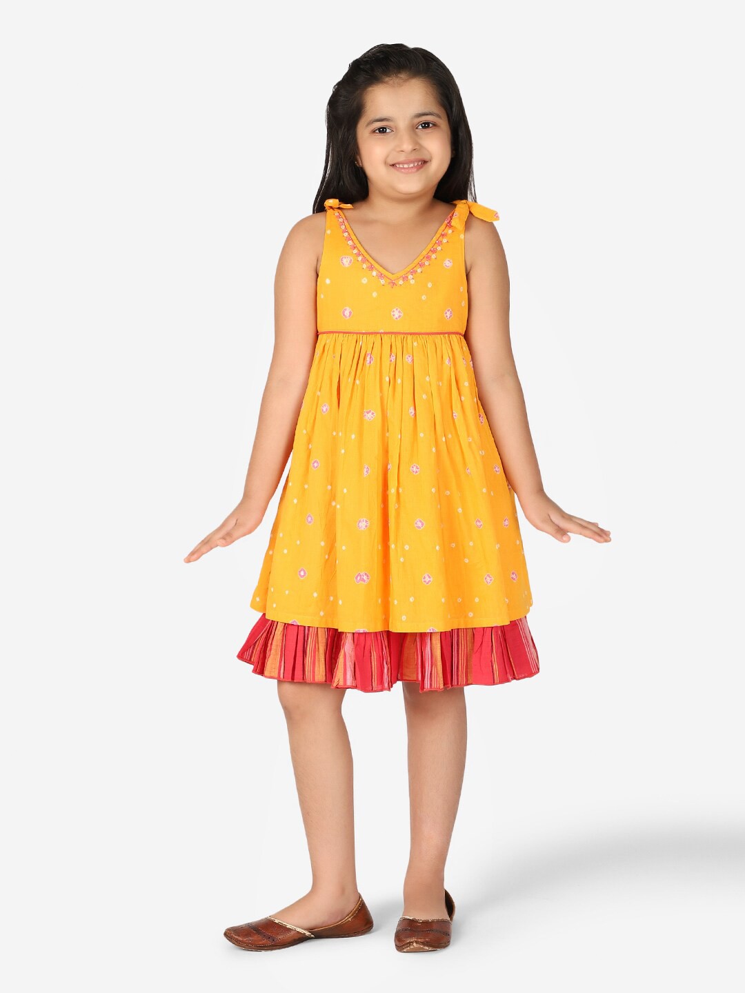 

Fabindia Girls Yellow Printed Fit & Flare Cotton Dress