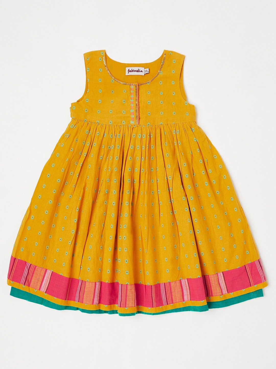 

Fabindia Girls Yellow Geometrci Printed Layered Cotton Peplum Dress