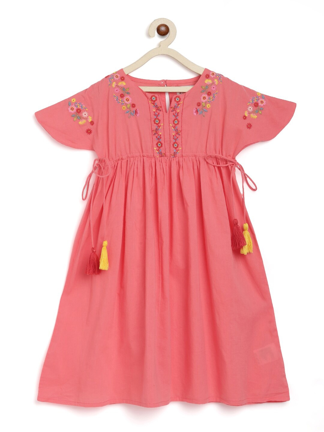 

Fabindia Pink Floral Embroidered Cotton Empire Dress