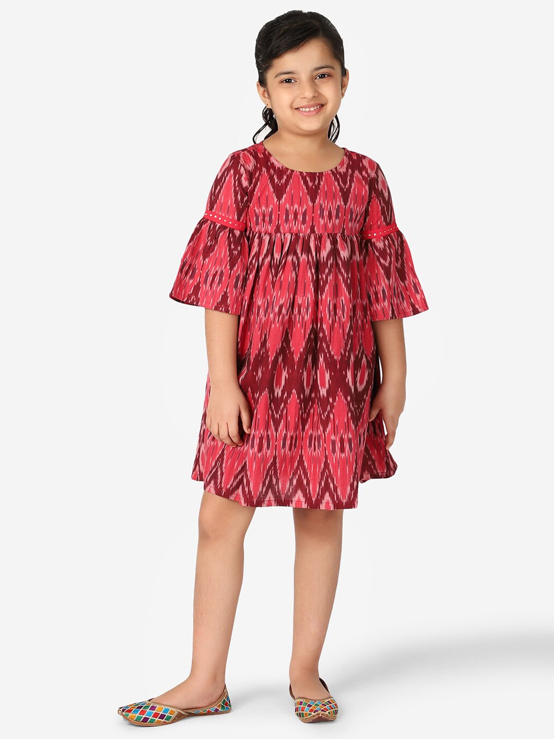

Fabindia Girls Red & Burgundy Ikat Woven Cotton Empire Dress