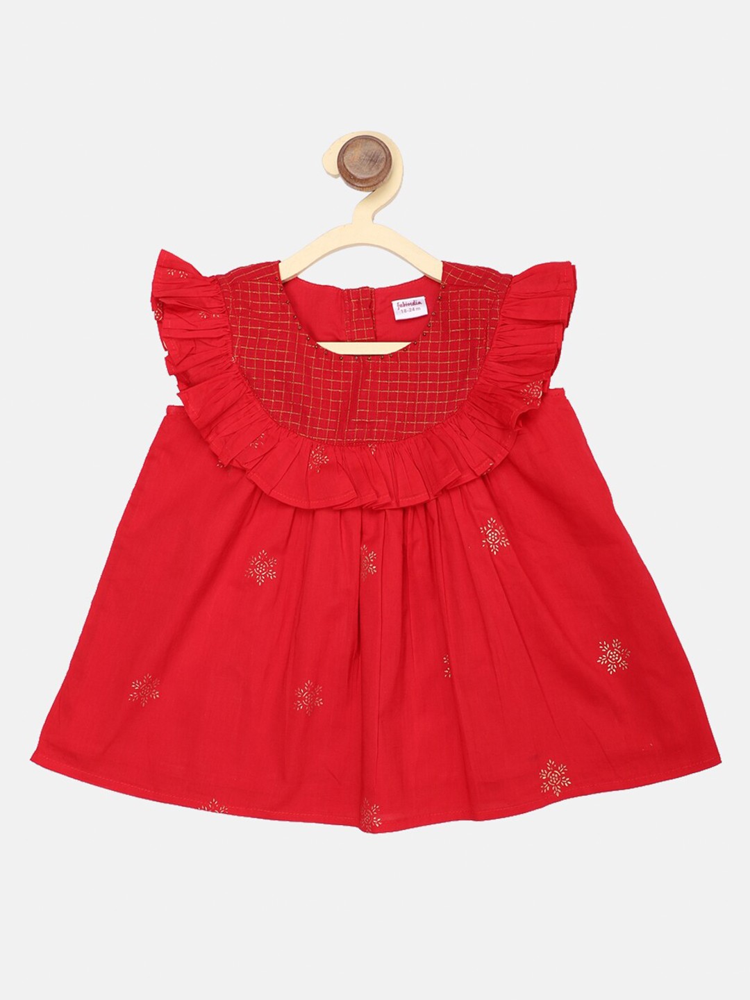 

Fabindia Red & Gold-Toned Floral Block Printed Cotton Dress