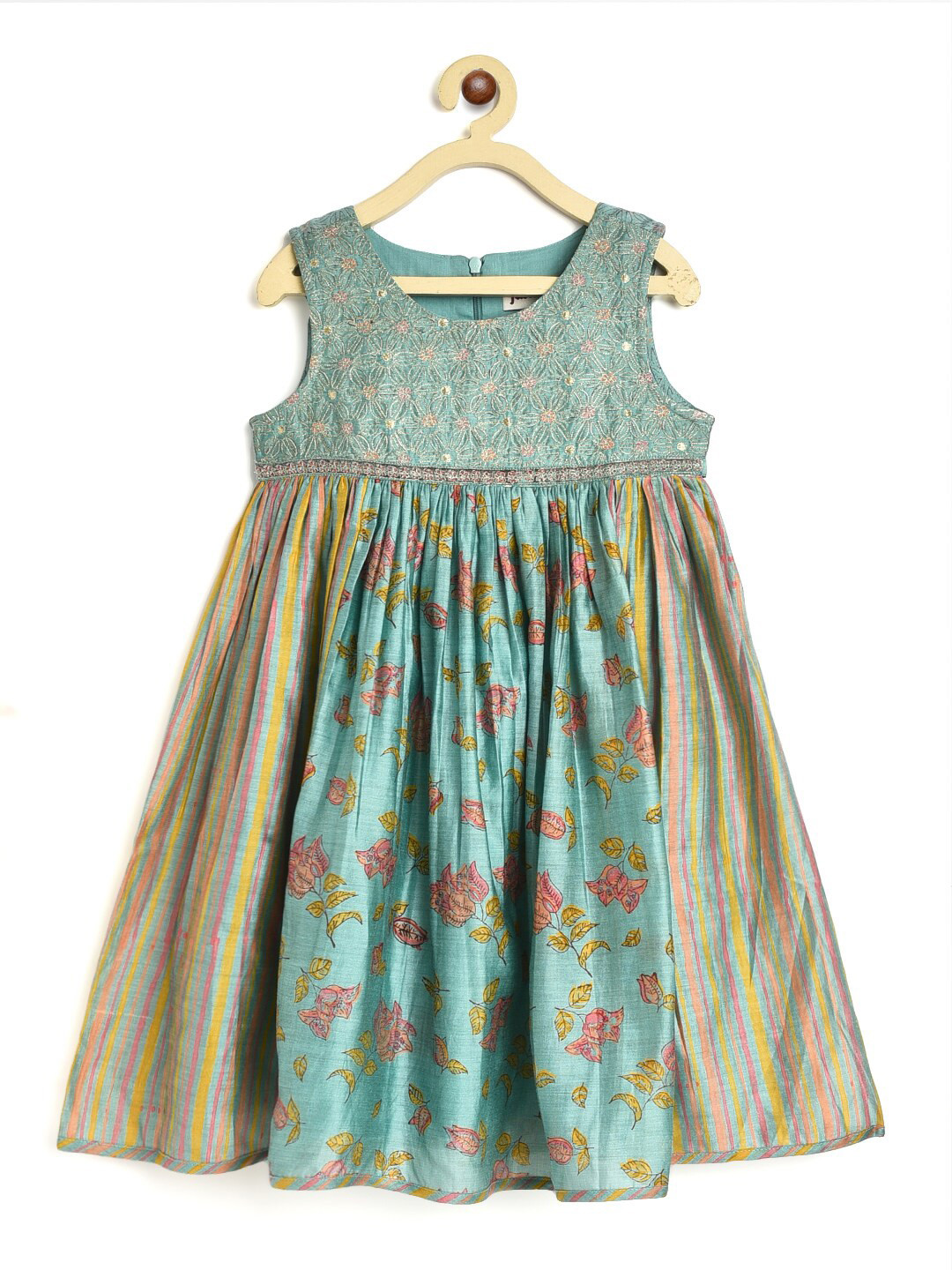 

Fabindia Girls Turquoise Blue & Pink Floral Printed Cotton Silk Fit & Flare Dress