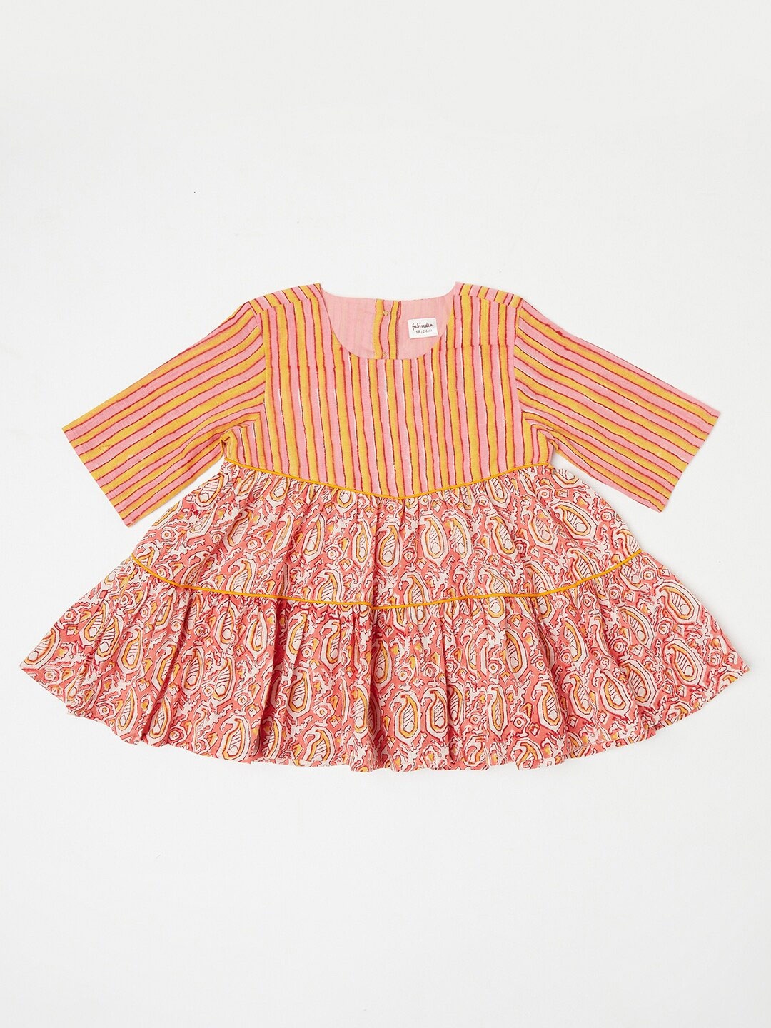 

Fabindia Girls Pink & Peach Floral Striped Cotton A-Line Dress