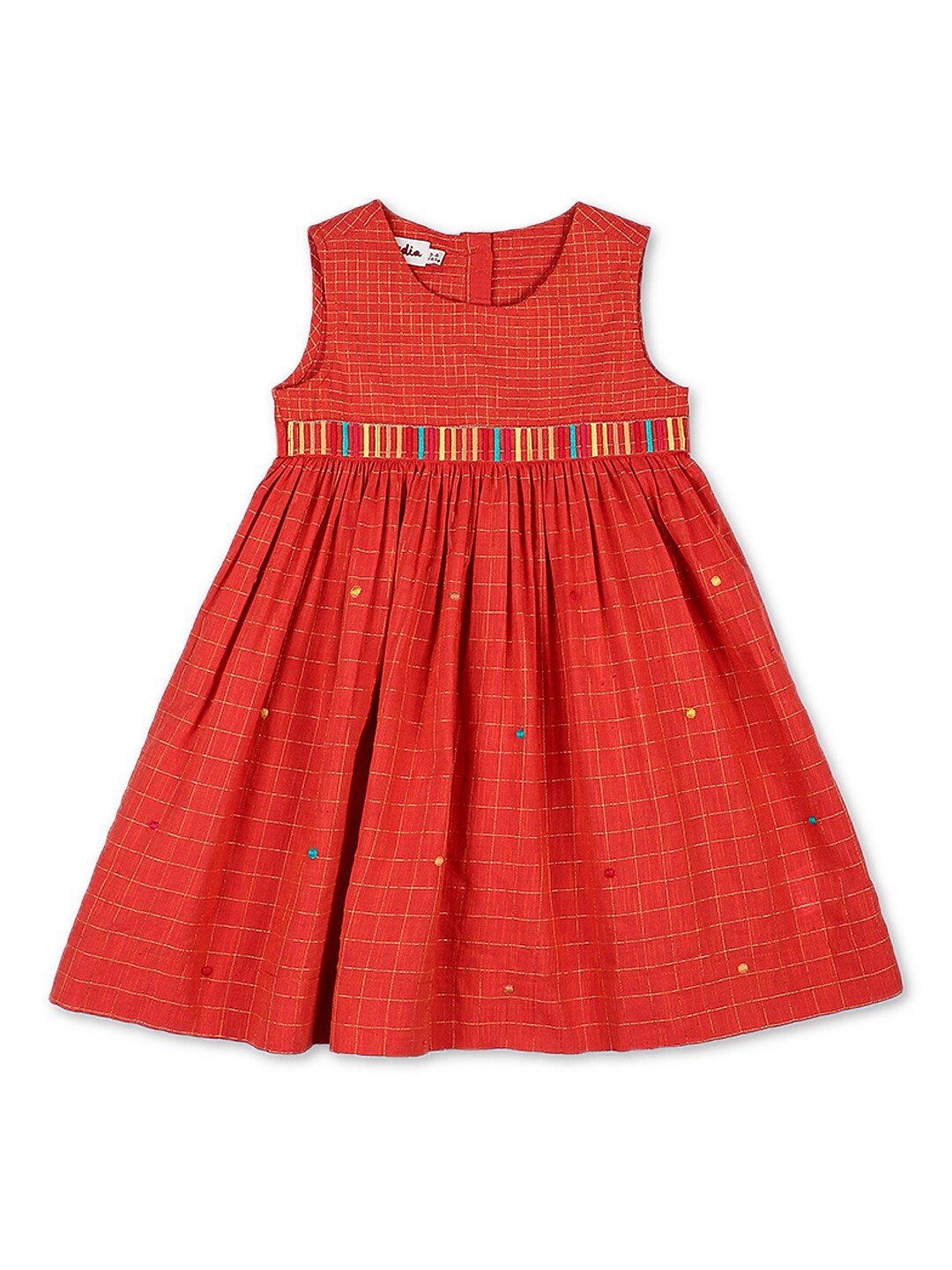 

Fabindia Rust & Gold-Toned Checked Cotton Dress