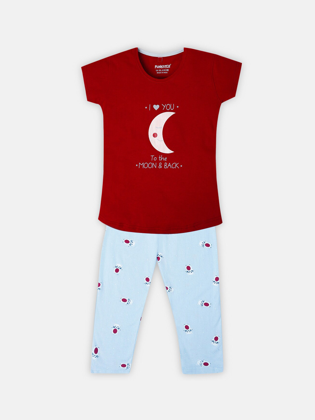 

Punkster Girls Red & Blue Printed Pure Cotton Night suit