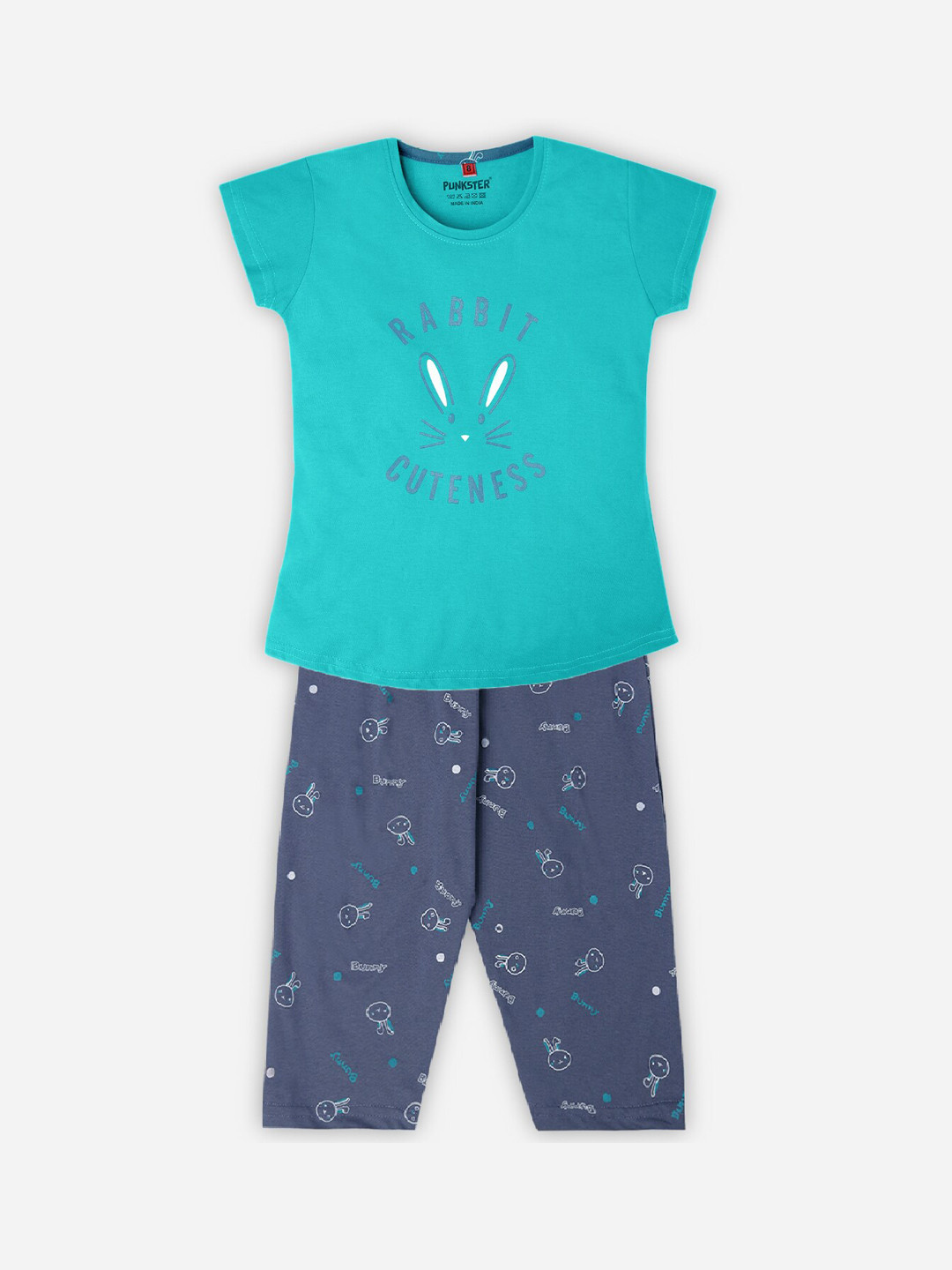 

Punkster Girls Green & Blue Printed Pure Cotton Night suit