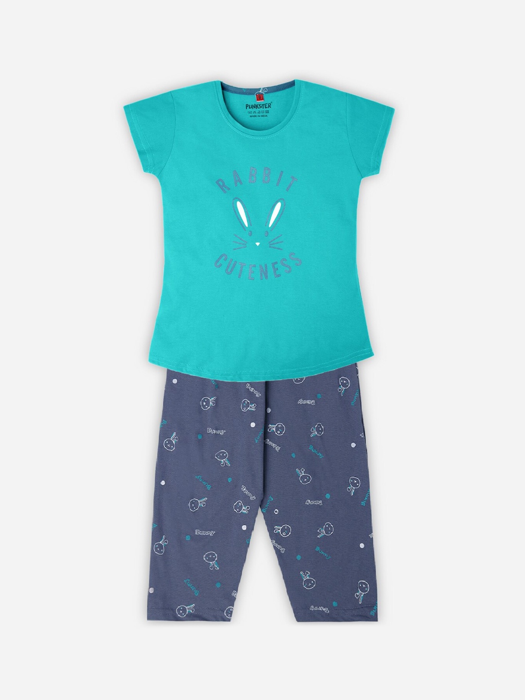 

Punkster Girls Green & Grey Printed Cotton Night suit