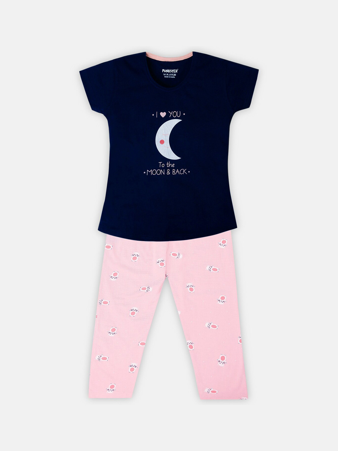 

Punkster Girls Navy Blue & Pink Graphic Printed Pure Cotton Night suit