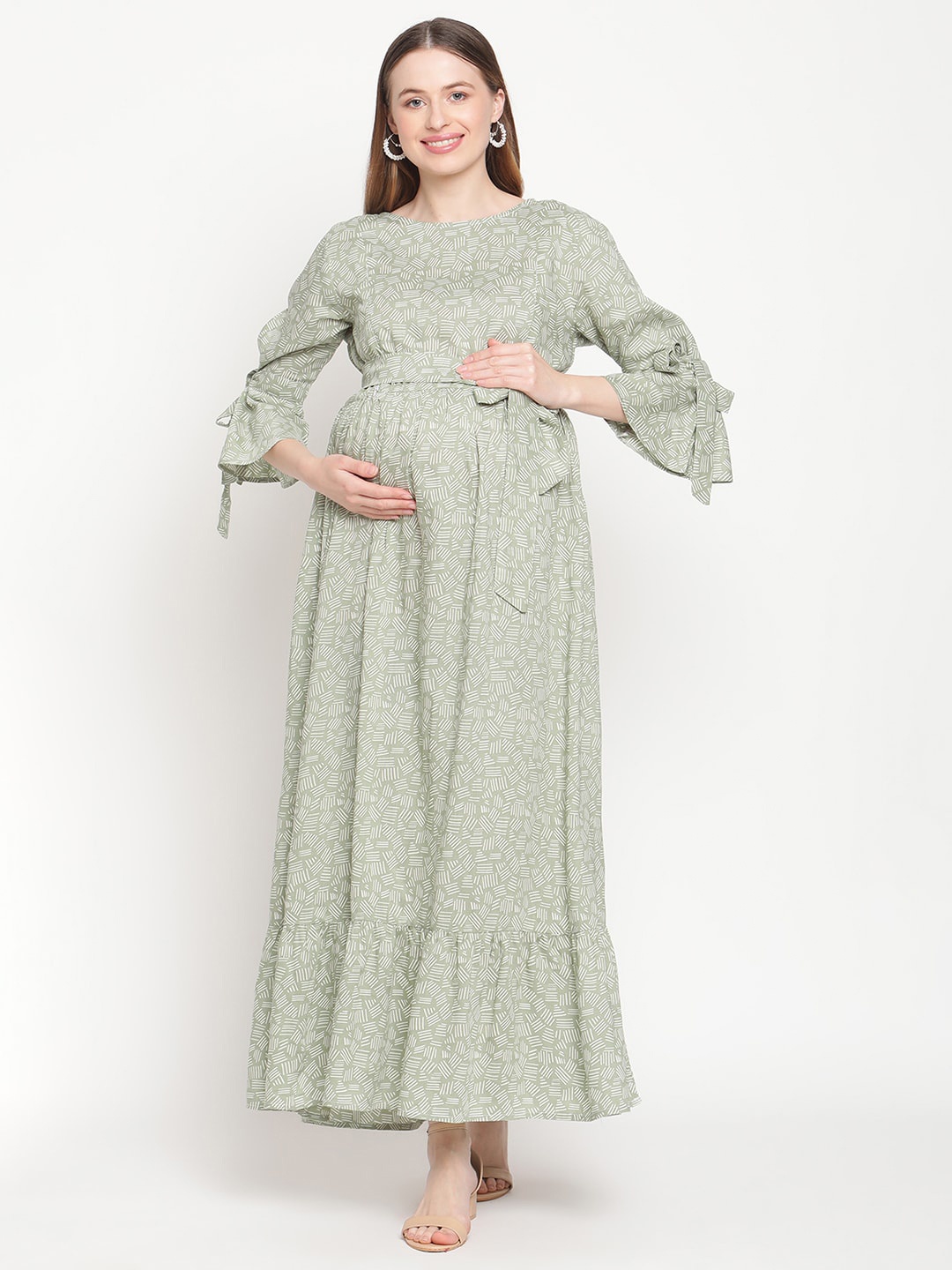 

Moms Maternity Sage Green & White Geometric Printed Maternity Maxi Dress