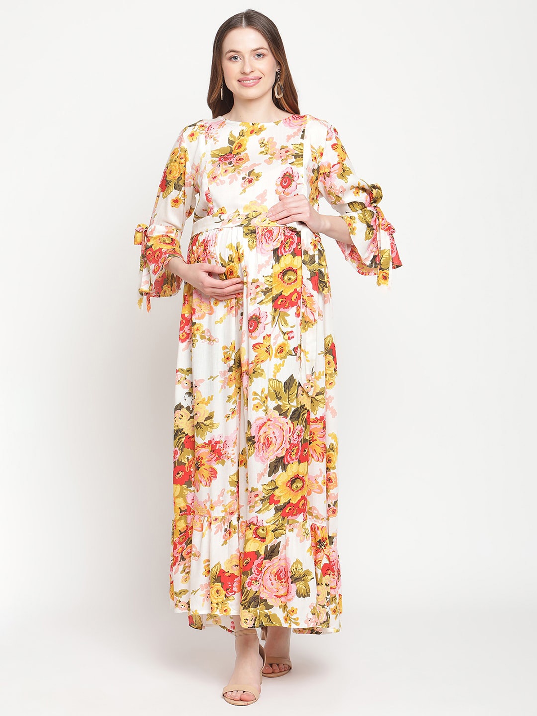 

Moms Maternity White & Yellow Floral Maternity Maxi Dress
