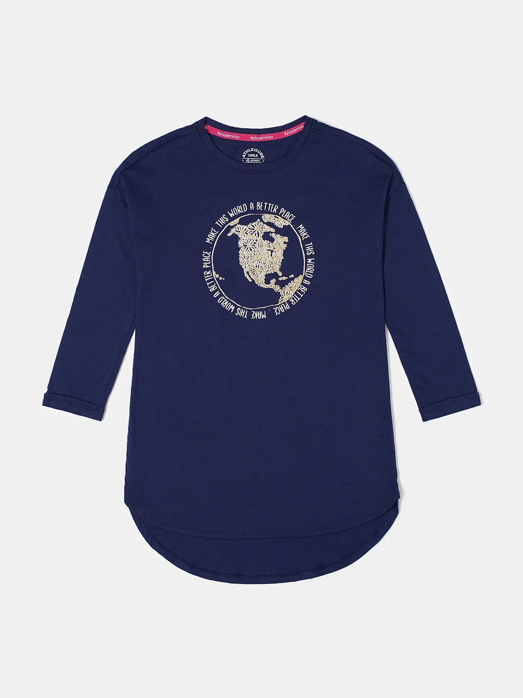 Jockey Girls Super Combed Cotton Graphic Printed Long Length Tshirt-AG64, Blue