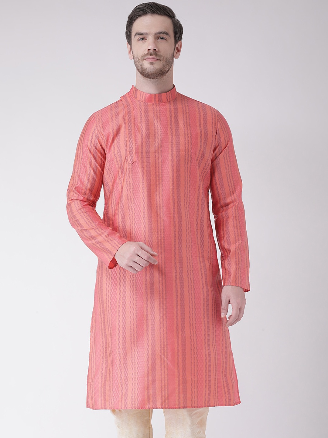 

DEYANN Men Pink & Purple Striped Jacquard Kurta