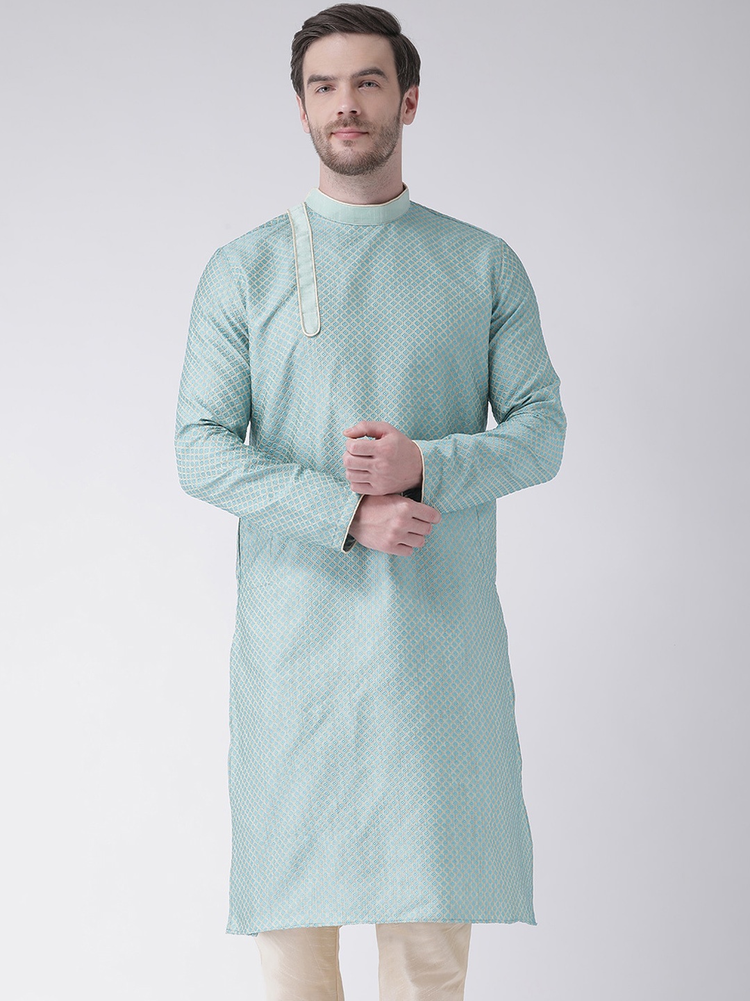 

DEYANN Men Blue Woven Design Thread Work Jacquard Silk Kurta