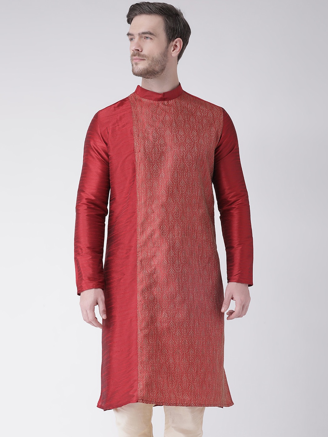 

DEYANN Men Red & Golden Ethnic Motifs Woven Design Jacquard Kurta