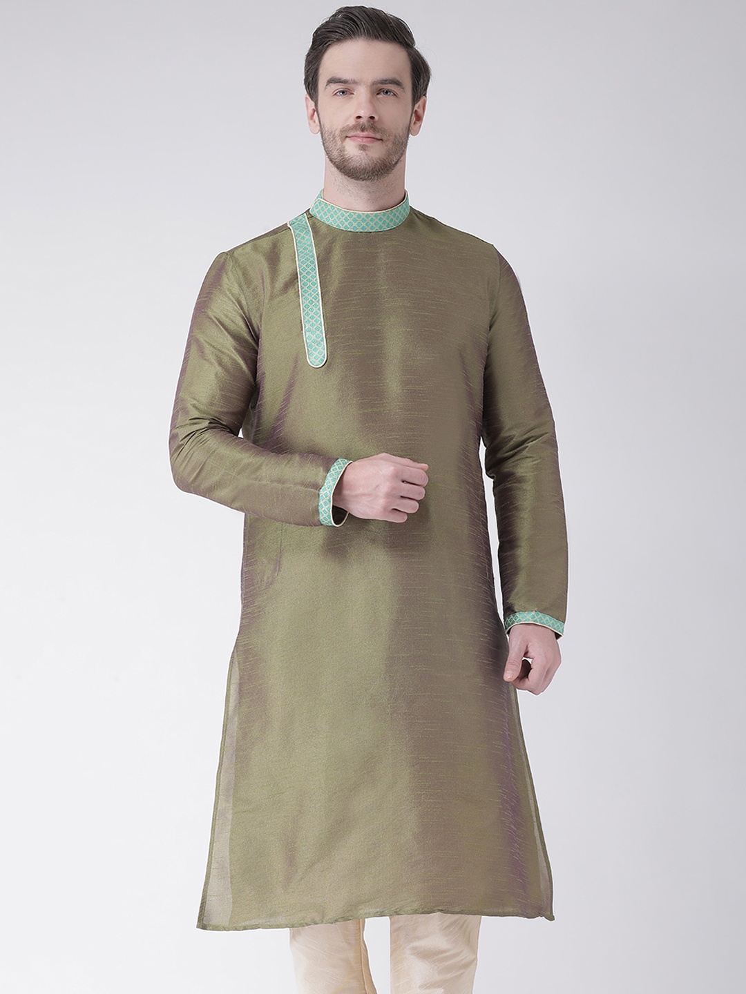 

DEYANN Men Olive Green Solid Kurta