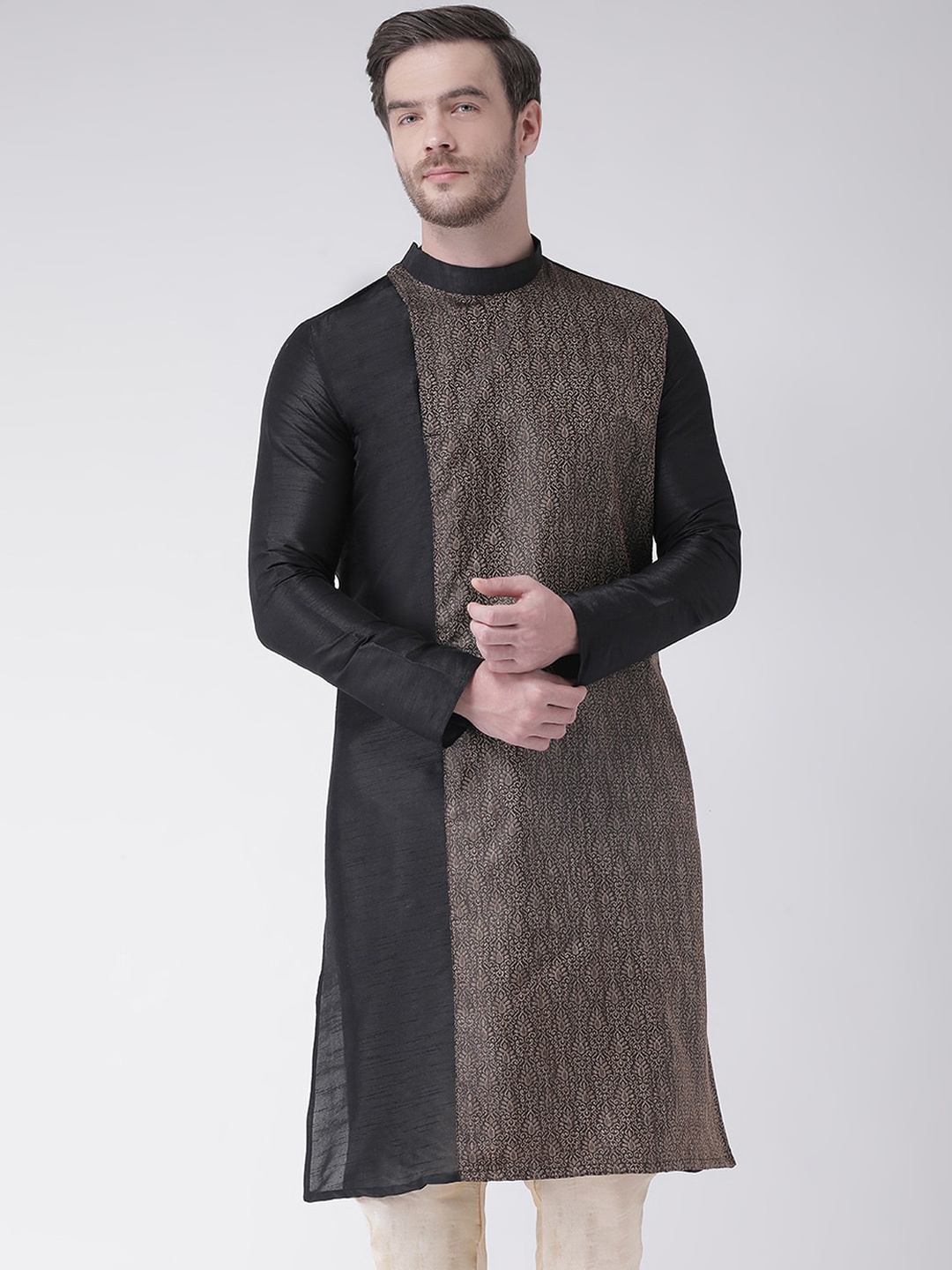 

DEYANN Men Black & Beige Ethnic Motifs Thread Work Jacquard Kurta