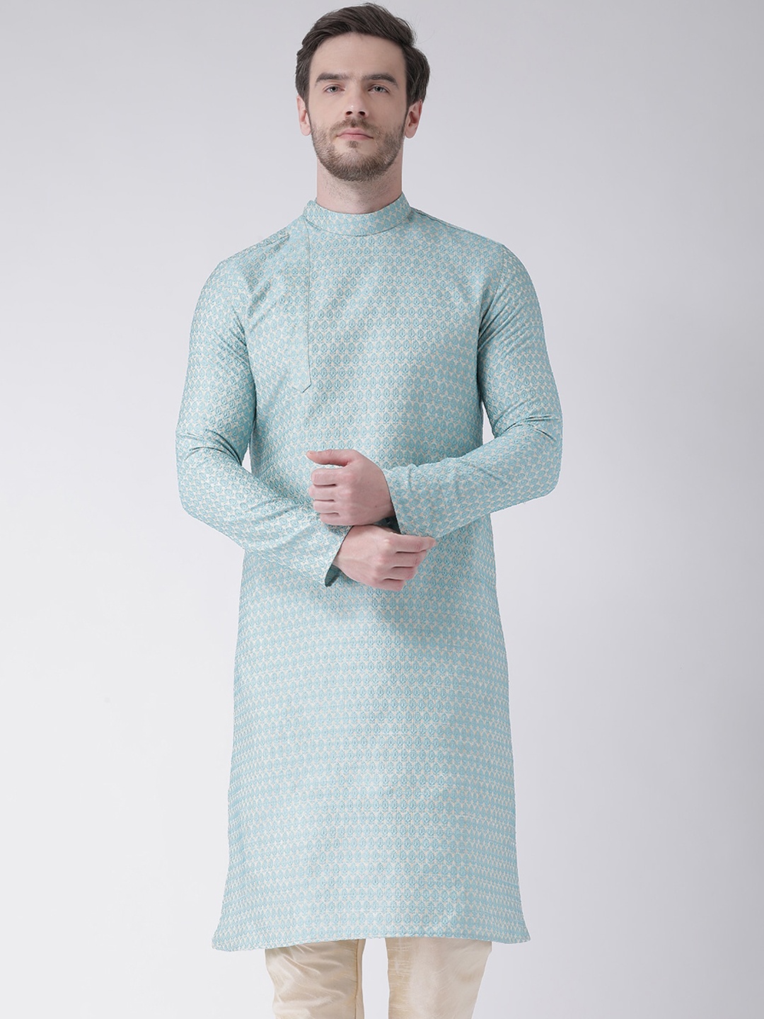 

DEYANN Men Blue Ethnic Motifs Jacquard Kurta