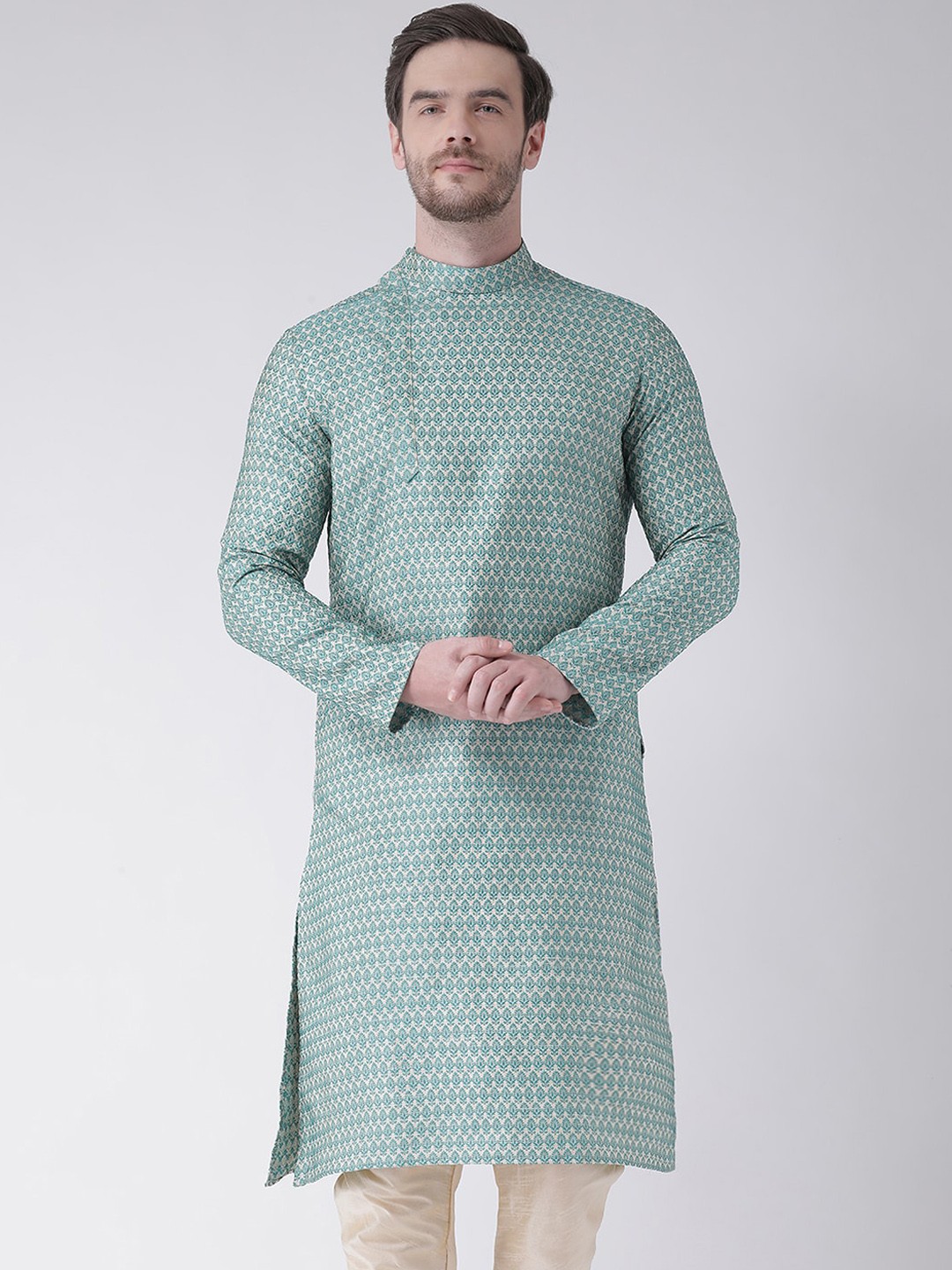 

DEYANN Men Blue Woven Design Jacquard Silk Kurta