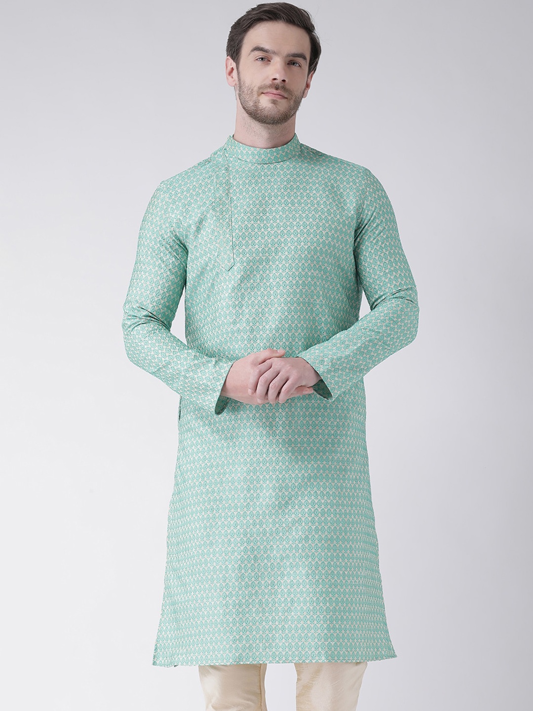 

DEYANN Men Green Ethnic Motifs Jacquard Kurta