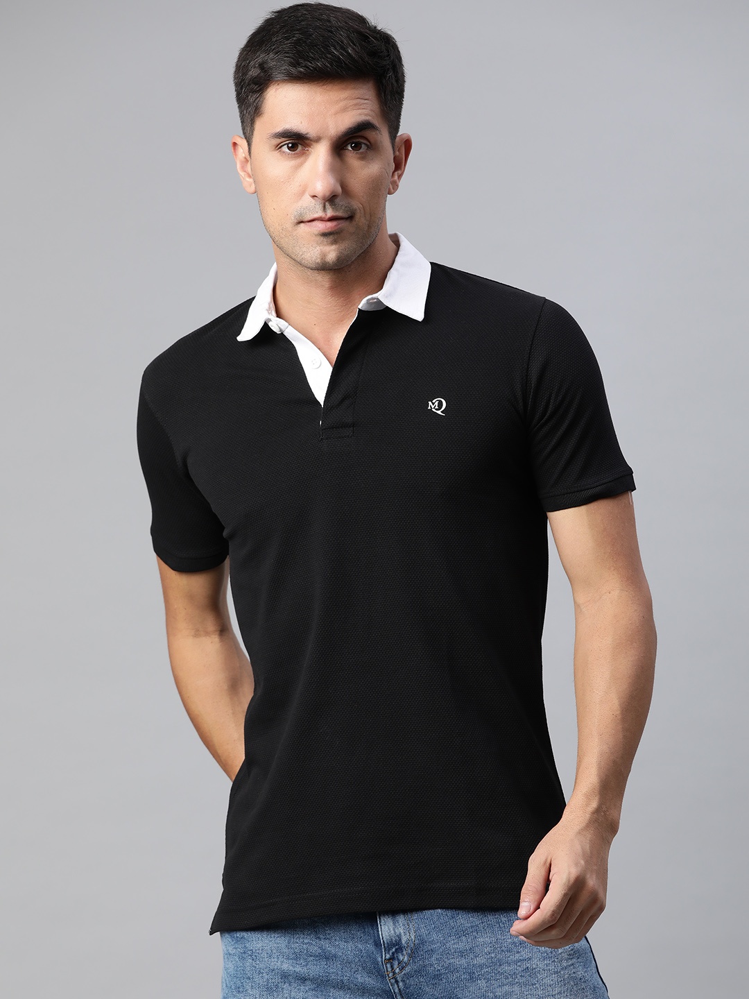 

ManQ CASUAL Men Black & White Polo Collar Slim Fit Cotton T-shirt