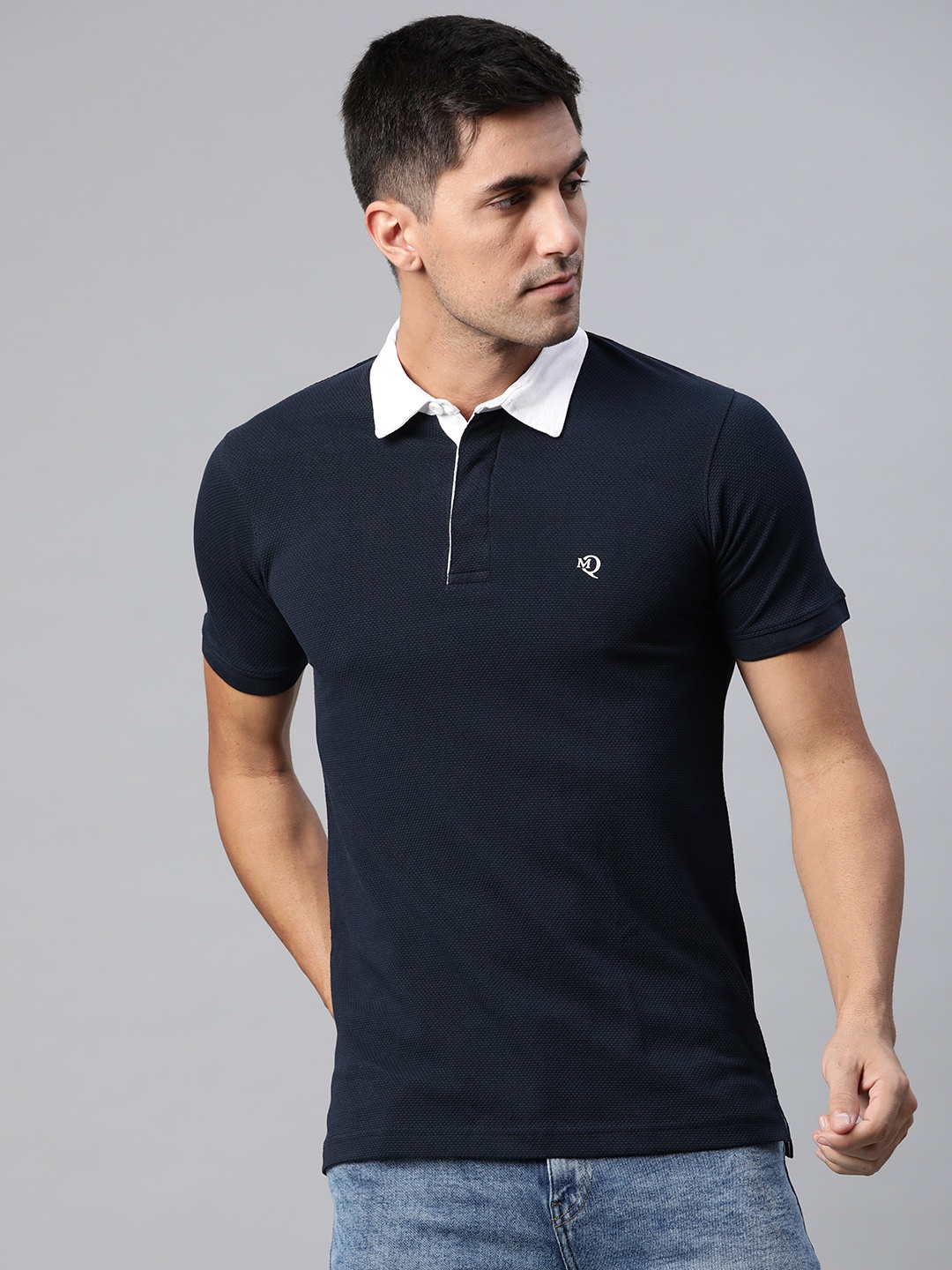 

ManQ CASUAL Men Navy Blue & White Polo Collar Slim Fit Cotton T-shirt
